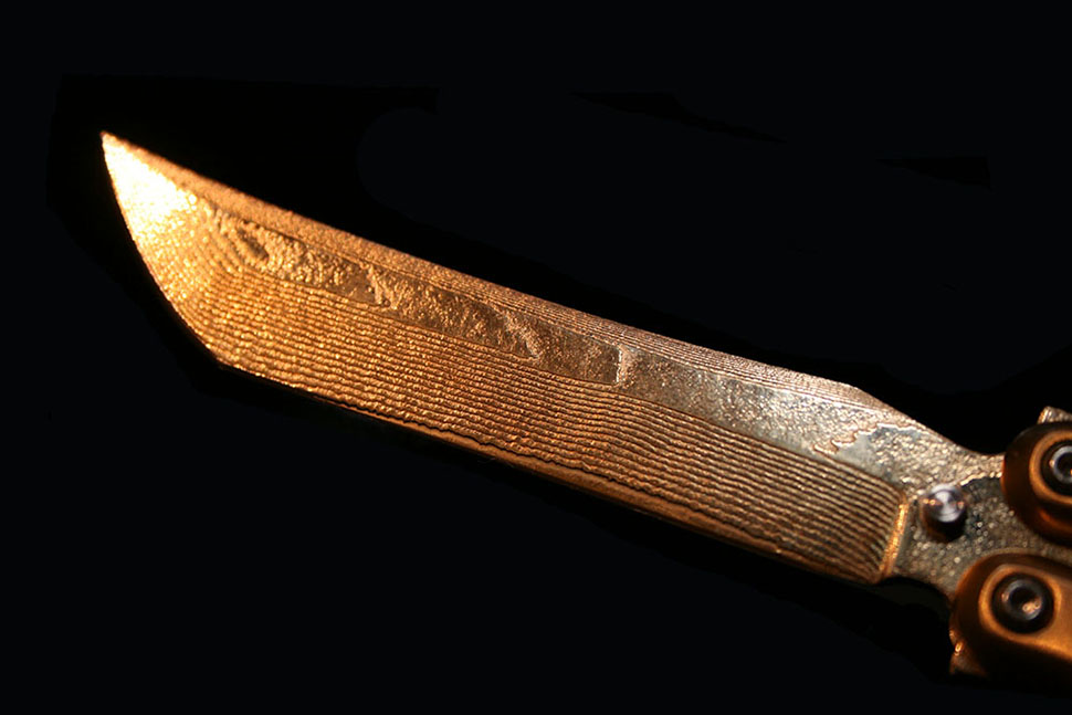 TDamask Нож-бабочка Gold Damascus, Сталь: 65 слоев (Bohler B400 - AISI420 - 75Cr1) покрытие: Золото 24K